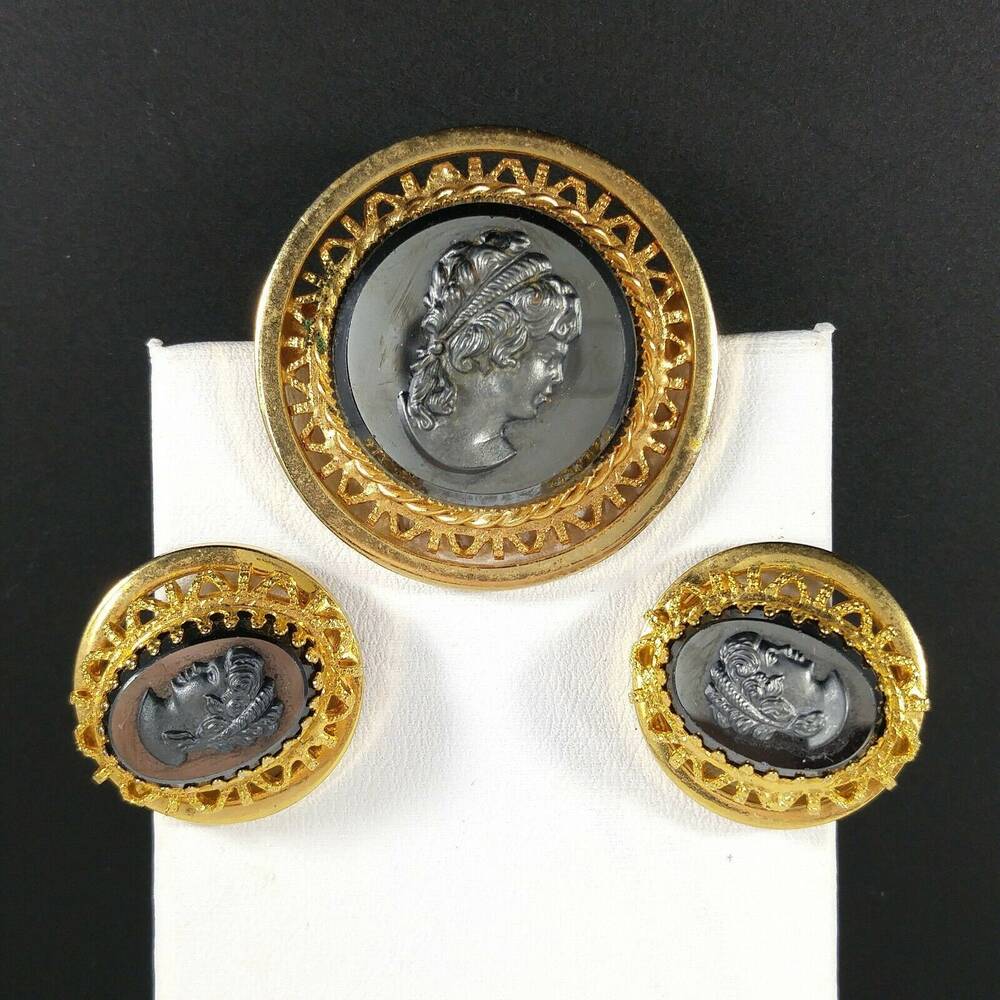 Vintage Cameo Hematite Brooch & Clip Earrings, Filigree Pin Set W Germany Style